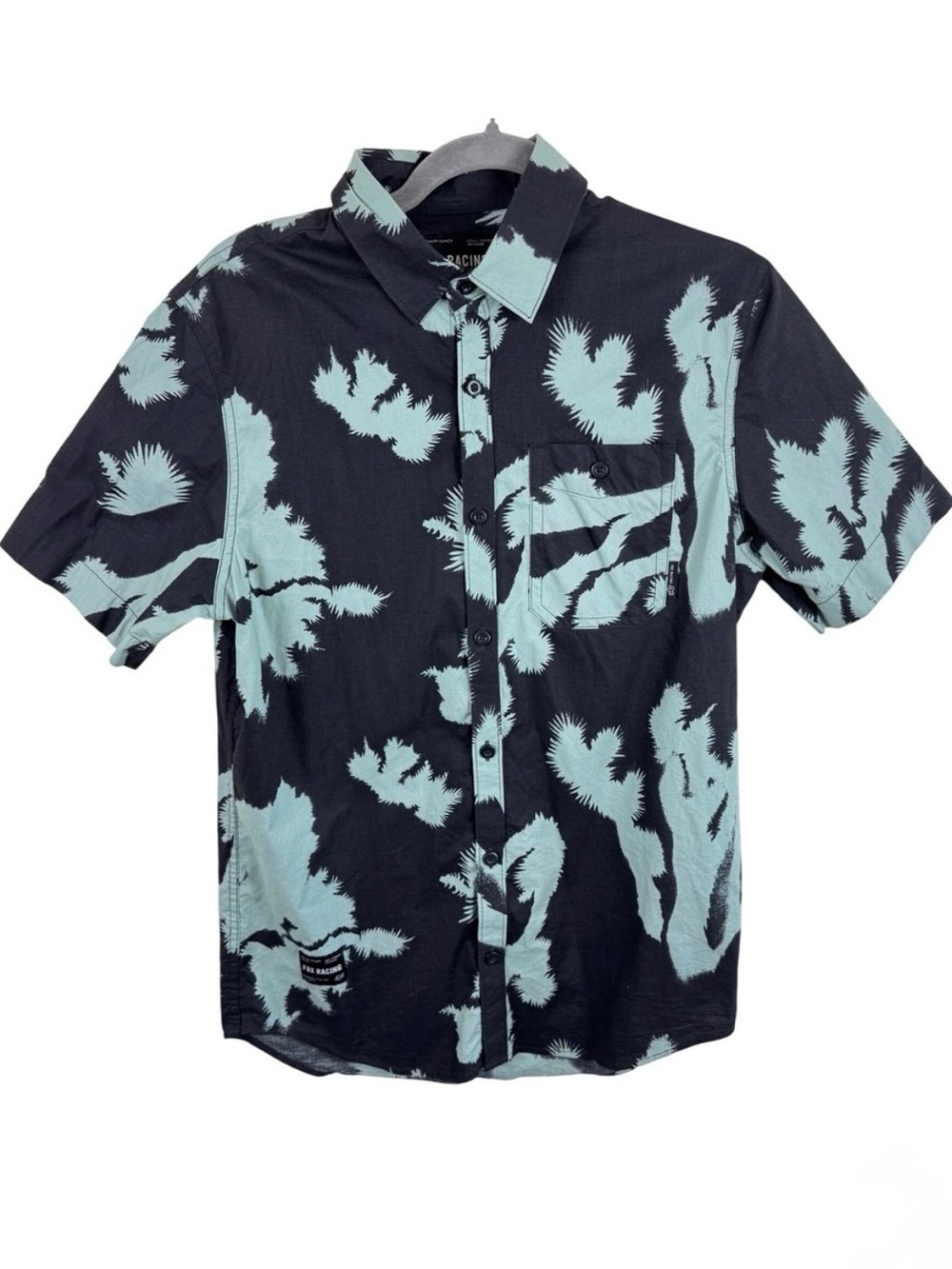 Fox‎ Racing Mens Small Short Sleeve Button Down Shirt Black Mint Abstract Print